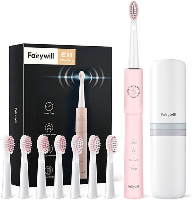 Fairywill Sonic Whitening Electric Toothbrush Rechargeable USB ADA Accepted Waterproof IPX7 Clean 4 Heads and 1 Travel Case