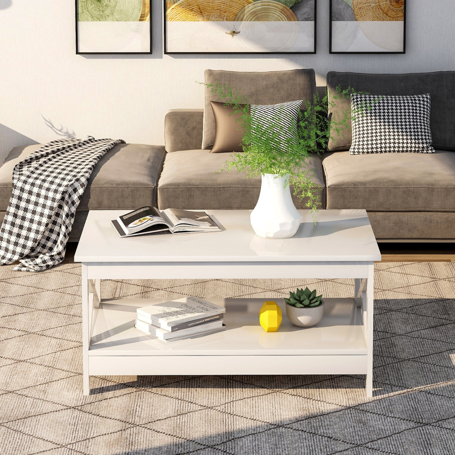 Coffee Table Living Room Modern X Design Wood End Table with Storage Rack