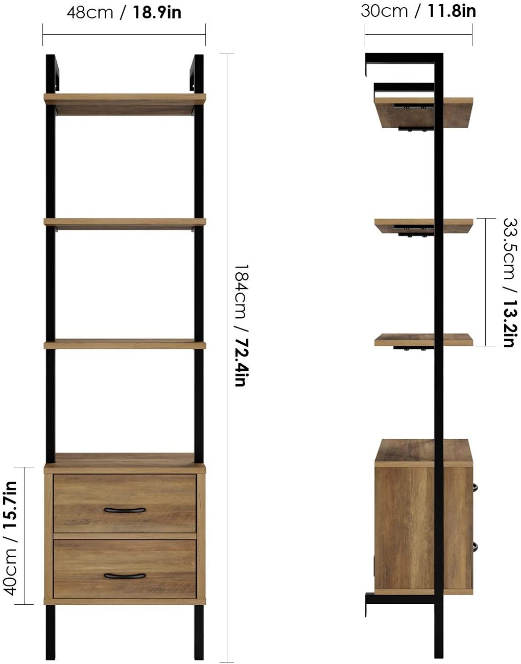 Freestanding Bookcase Ladder Shelf with 2 Drawers Wall Shelf with 4 Tiers Metal Wood Vintage Industrial 184X48X30Cm ​