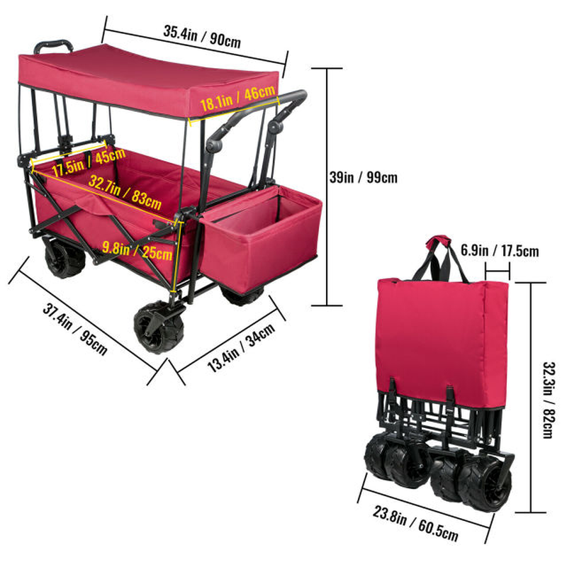 7In Wheel Folding Wagon Cart 220.5 Capacity W/ Adjustable Handle Pull Oxford Cloth Collapsible Outdoor Garden Trolley Cart