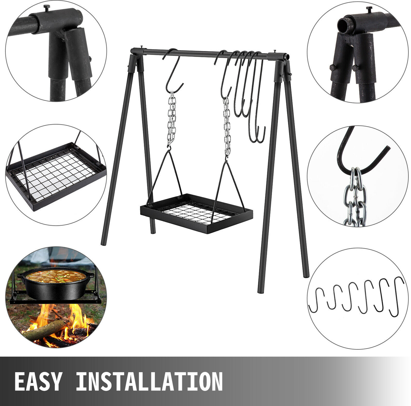 Swing Grill Campfire Cooking Stand Multi-Use Carbon Steel Equipment Easy to Install Height Adjustable Camping Outdoors