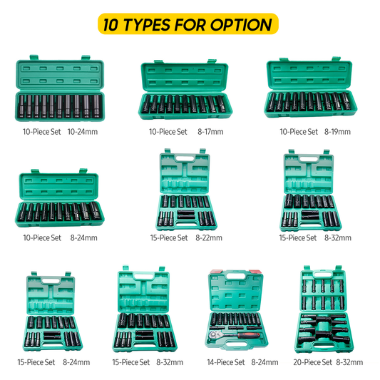 1/2Inch Drive Hex Impact Socket Set 20-10Pcs Deep Socket Metric Sizes 10-24Mm Carbon Steel with Hard Storage Box Hand Tool Set