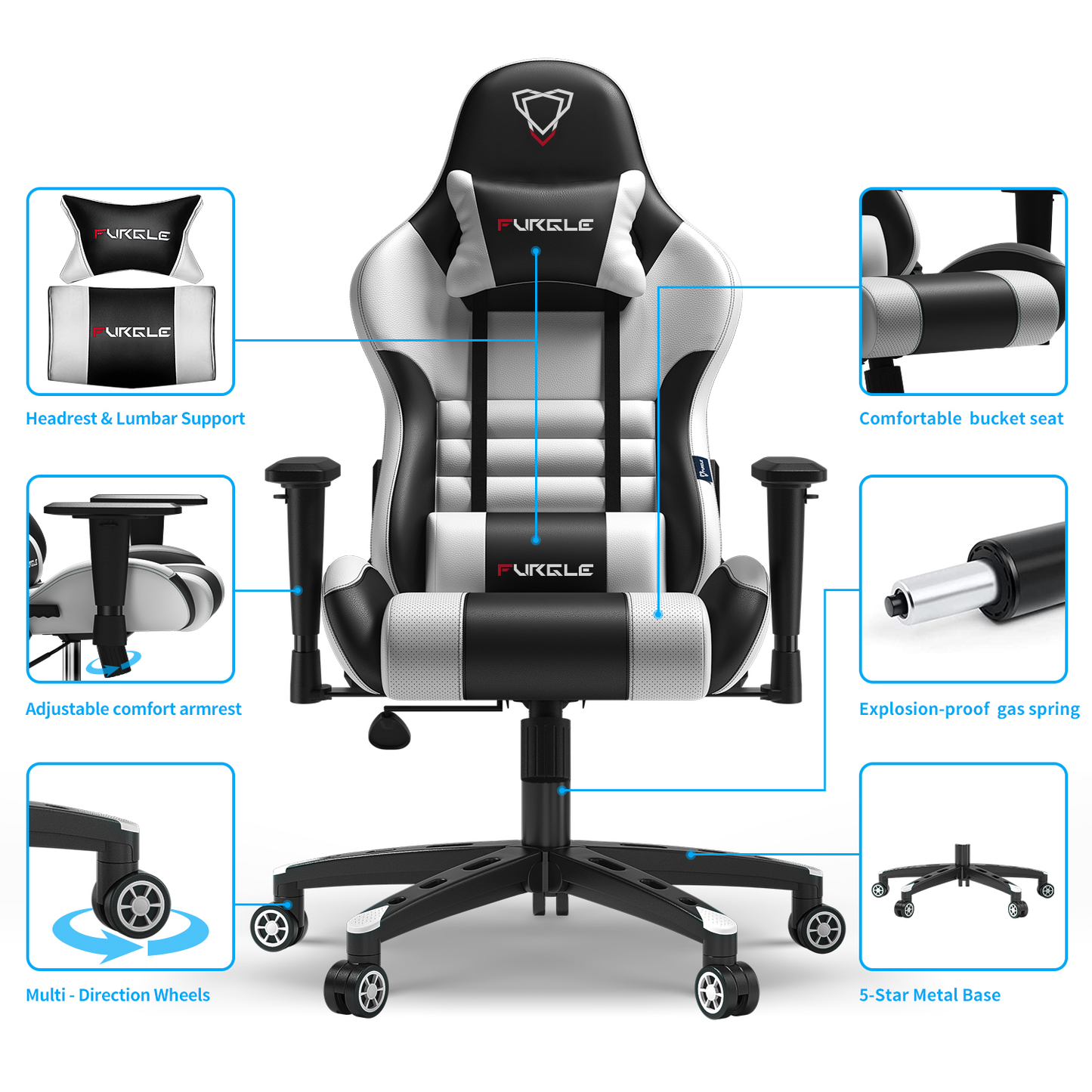 Carry Series Gaming Chair 360° Swivel Ergonomic Racing-Style 90-160 Degree Decline Office Chair White Black Colors