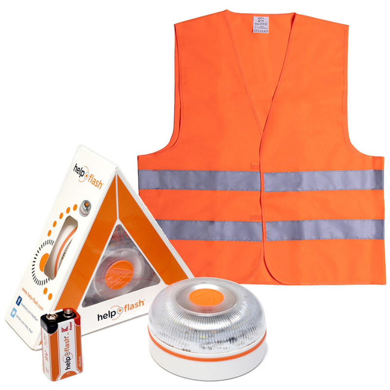 -Standalone Emergency Light, V16 Hazard Presenter Signal, Approved, DGT Regulations + Hammer + Vest