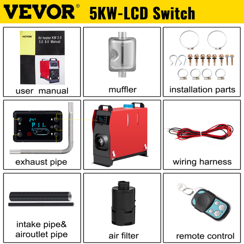 5KW Diesel Air Heater 12V All in One with LCD Switch & Remote Control Muffler Parking Suitable for Truck Boat Car Trailer