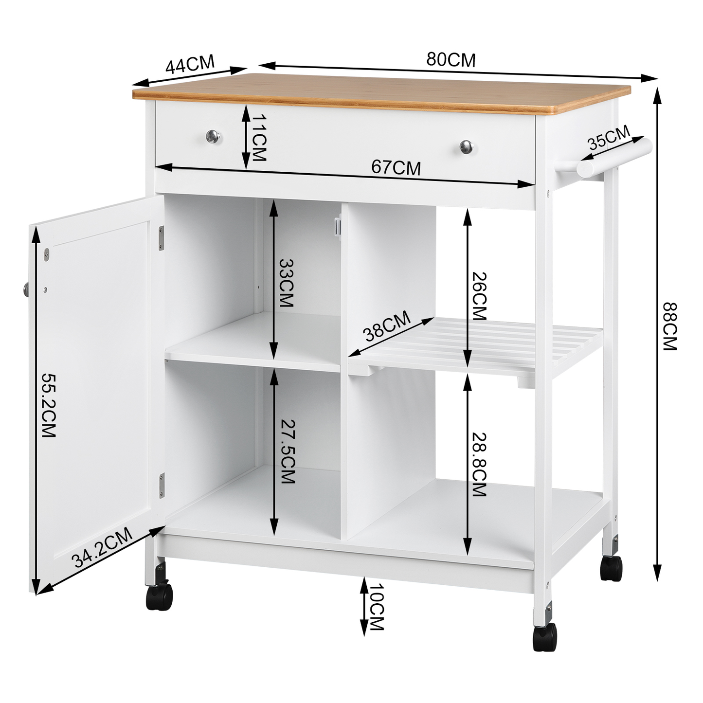 Kitchen Cart Shelf Multifunction Storage Trolley White Bamboo Roller Trolley with Worktop Drawer Home Furniture