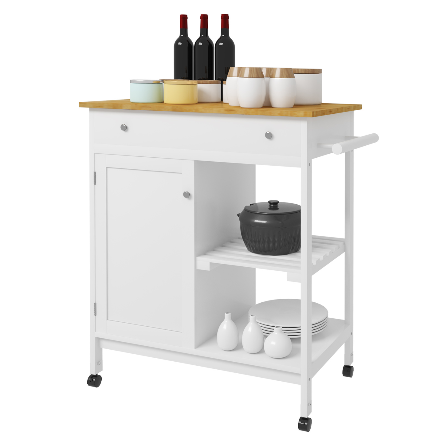 Kitchen Cart Shelf Multifunction Storage Trolley White Bamboo Roller Trolley with Worktop Drawer Home Furniture