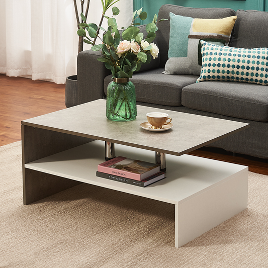 Coffee Table 2 Tiyers Book Sundries Storage Shelf with 2 Pillars Living Room Table Sofa Table Concrete White 90X60Cm