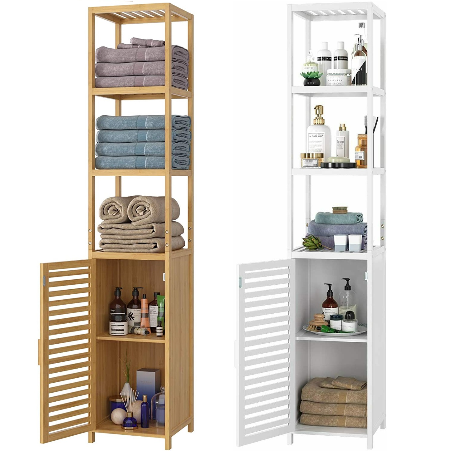 Bamboo Tall Cabinet Bathroom Storage Shelf with 3 Tiers Narrow Storage Cabinet Freestanding Shelves 1 Door Natural 33X33X169 Cm