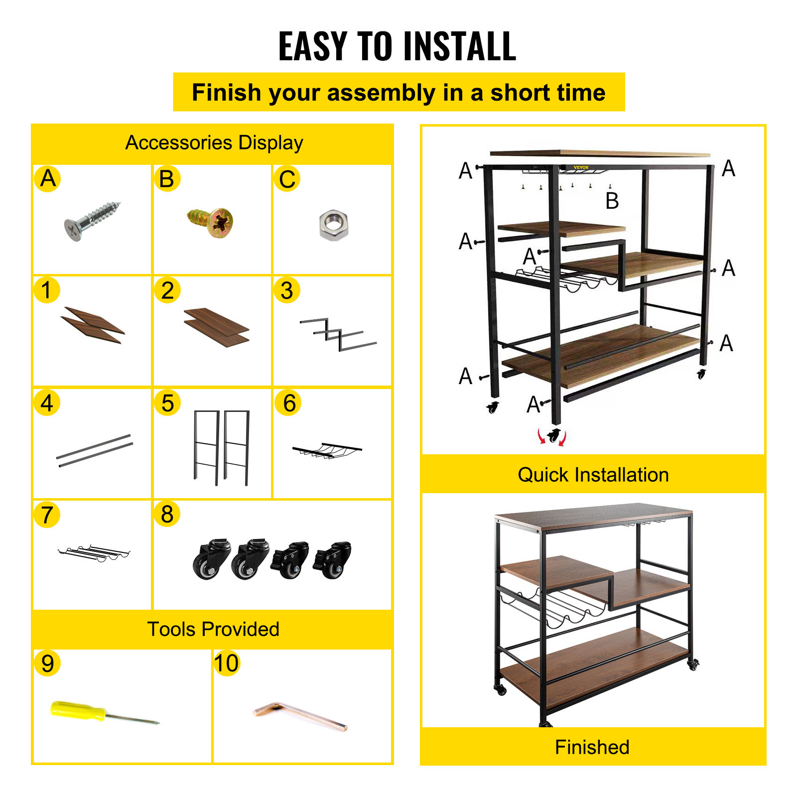 3-Tier Bar Wine Rack Serving Cart on Wheels Commercial Kitchen Food Truck Serving Buffet Sideboard Rack Glass Holder Home