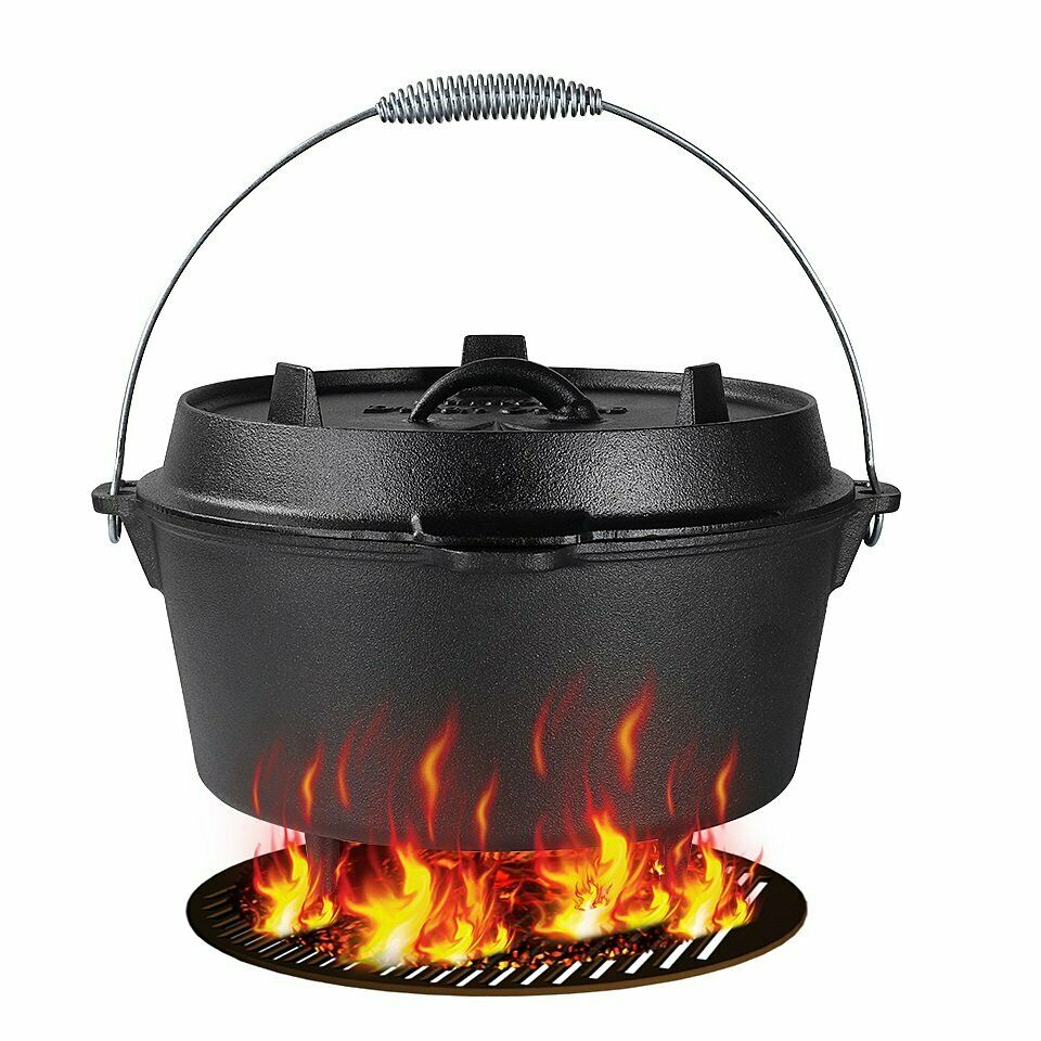 24CM 4.8 L Dutch Oven BBQ Oven Pot Cast Iron Cooking Pot Roasting Pan Also for Gas Grill plus a Lid Lifter