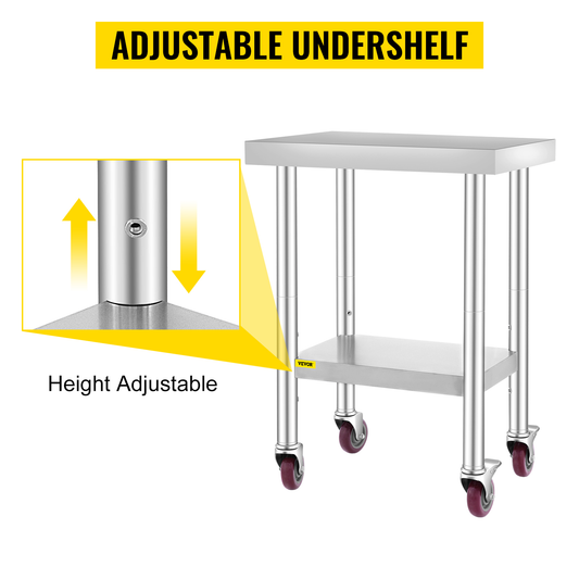 Stainless Steel Kitchen Worktable Commercial Work Bench Table with Caster Wheels & Undershelf for Home Restaurant Storage