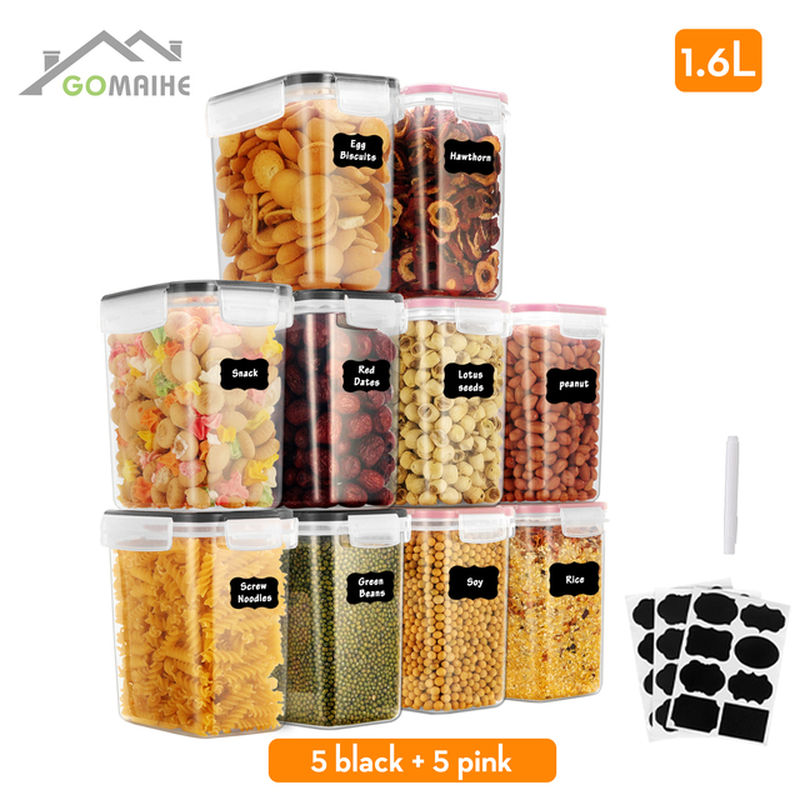 Gomaihe 8/10 Pieces Food Container Kitchen Storage ​Cereal Dispenser for Storing Pasta and Tea Coffee Sugar Kitchen Organizerjar