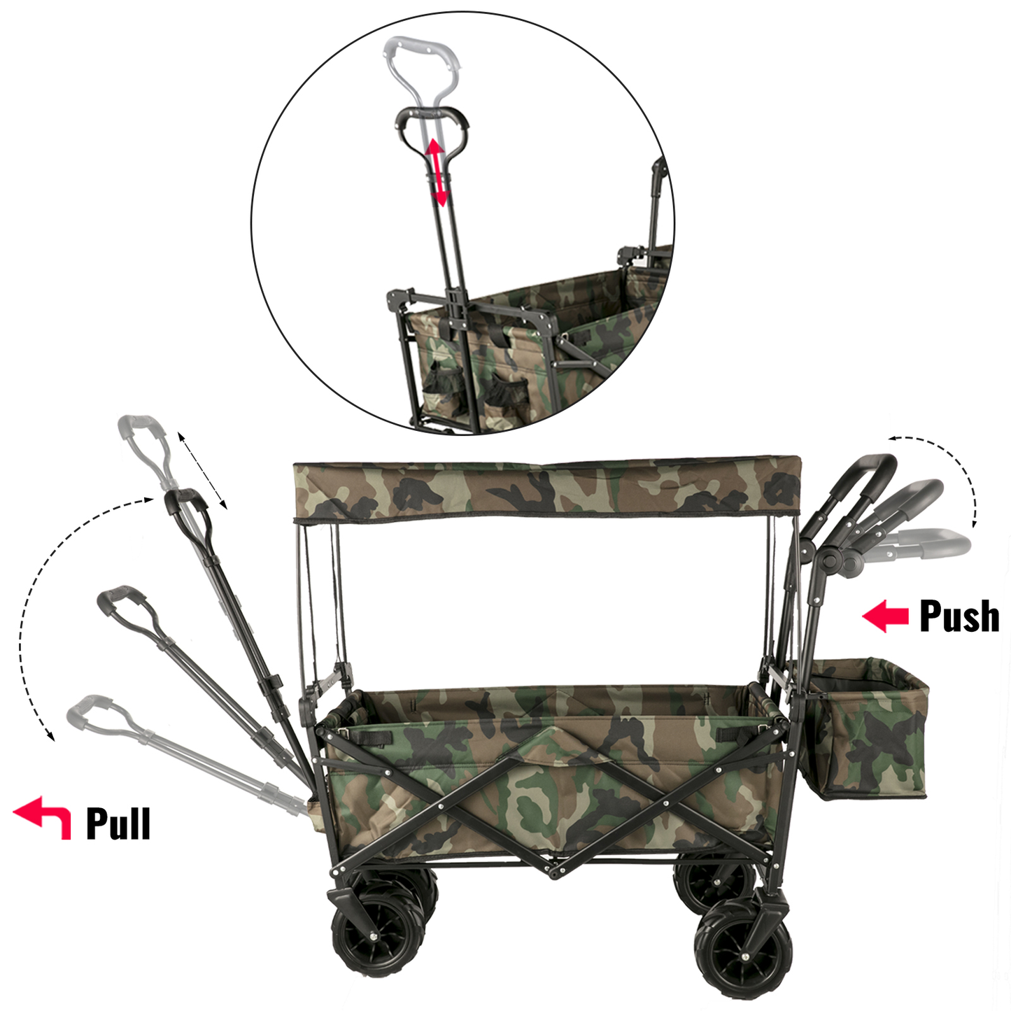 7In Wheel Folding Wagon Cart 220.5 Capacity W/ Adjustable Handle Pull Oxford Cloth Collapsible Outdoor Garden Trolley Cart