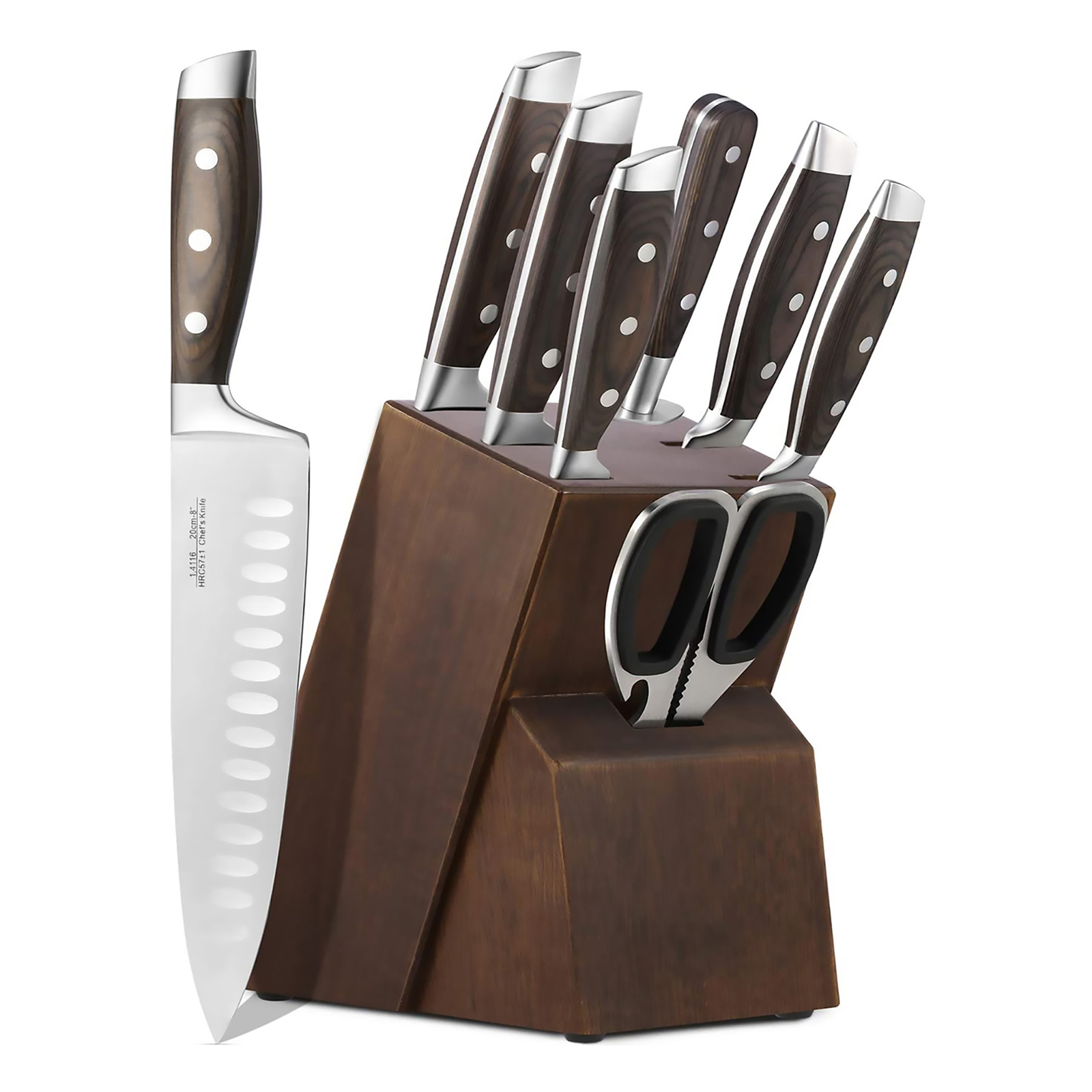 8Pcs/Set Wood Handle Kitchen Knives Kitchen Cutting Tool Block Set with Sharpener 1.4116 Stainless Steel Blade Scissors