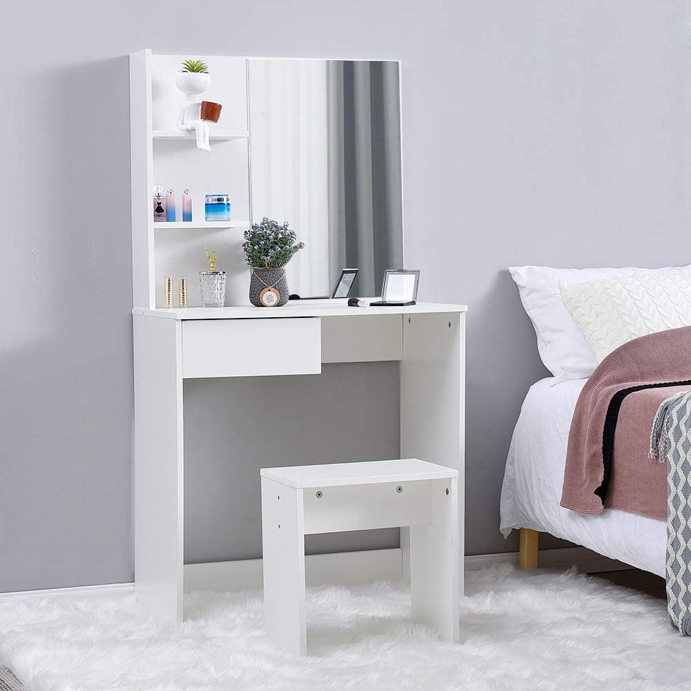 White Wooden Dressing Table Set with Large Mirror and 2 Tier Open Shelf Modern Vanity Makeup Writing Desk Bedroom