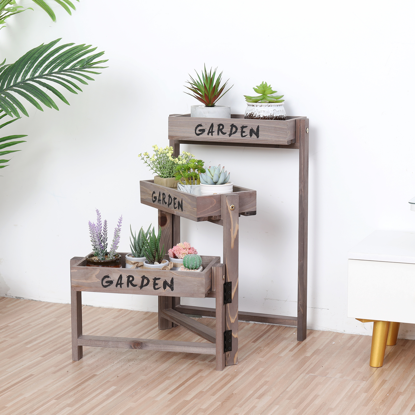 3 Tier Wooden Garden Plant Stand Vintage Herb Flower Succulent Holder Folding Display Shelf for Indoor Outdoor Yard Patio