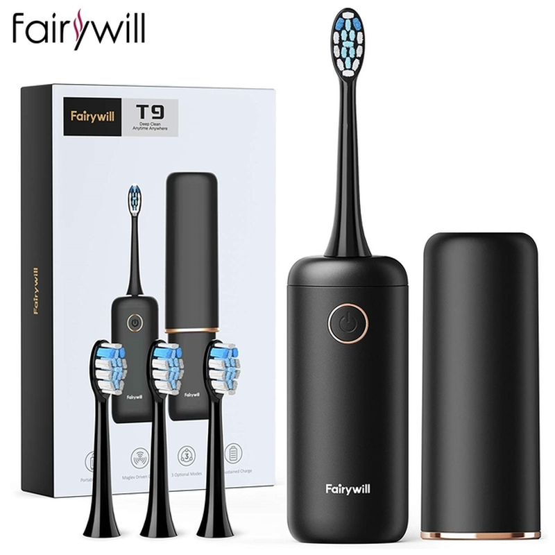 Fairywill Sonic Whitening Electric Toothbrush Rechargeable USB ADA Accepted Waterproof IPX7 Clean 4 Heads and 1 Travel Case