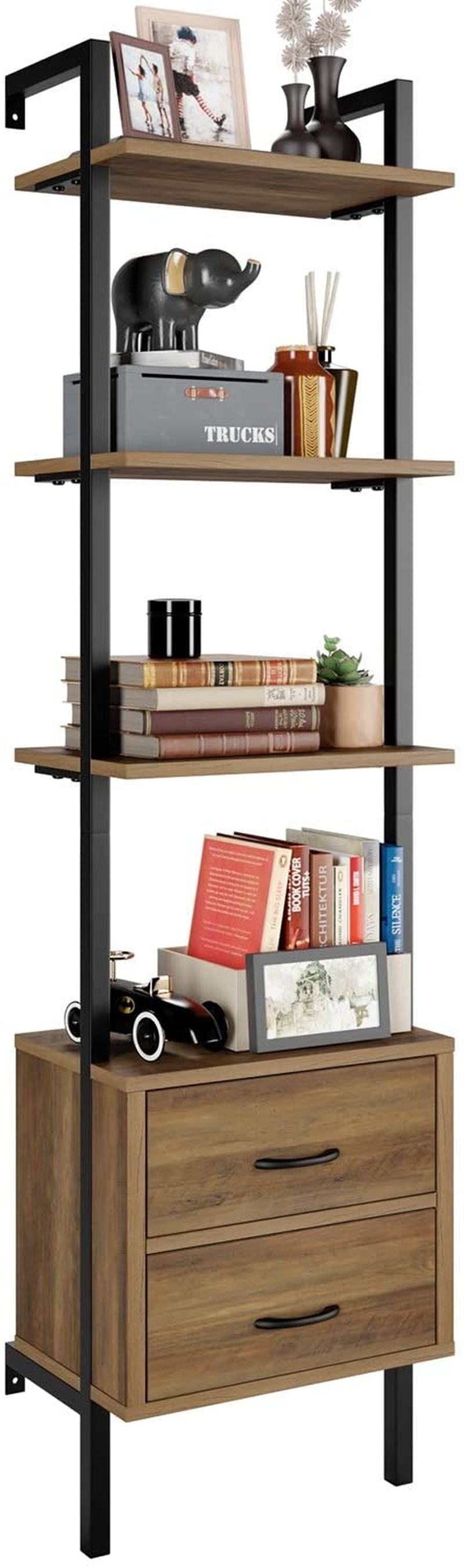 Freestanding Bookcase Ladder Shelf with 2 Drawers Wall Shelf with 4 Tiers Metal Wood Vintage Industrial 184X48X30Cm ​