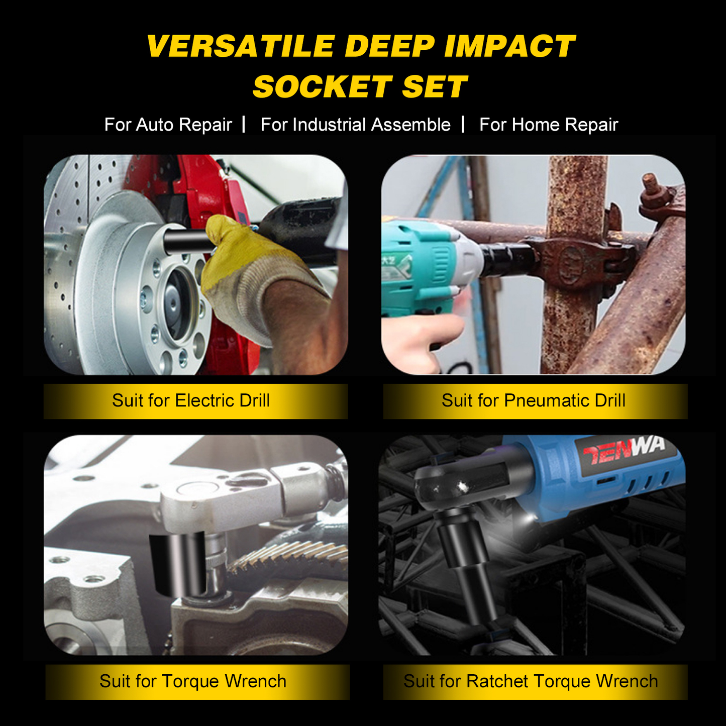 1/2 Inch Drive Hex Impact Socket Set 10Pcs Deep Socket Metric Sizes 10-24Mm Carbon Steel with Hard Storage Box