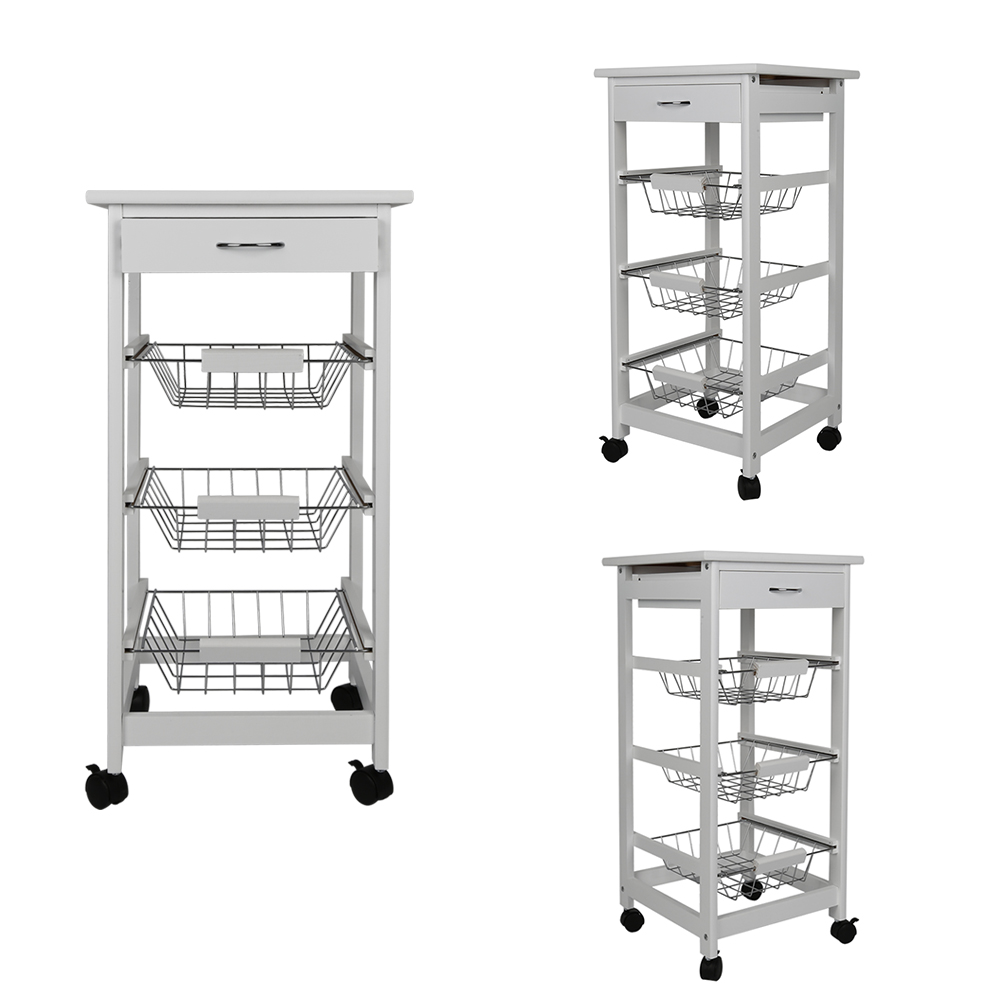 Kitchen Trolley Cart Three-Layer Dining Shelf Rack with Universal Wheel Basket Storage Drawers