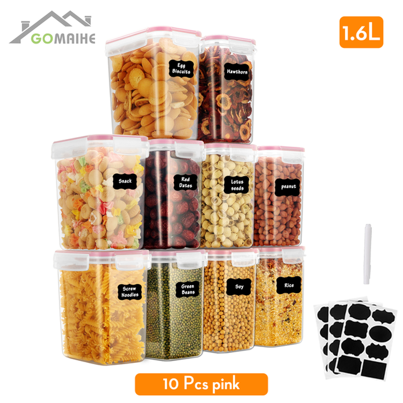 Gomaihe 8/10 Pieces Food Container Kitchen Storage ​Cereal Dispenser for Storing Pasta and Tea Coffee Sugar Kitchen Organizerjar