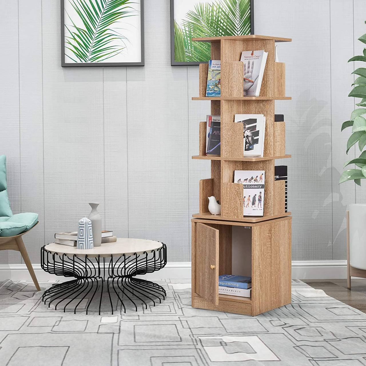 Bookshelf 3 Level Storage Shelf with Cabinet Made of MDF Light Oak