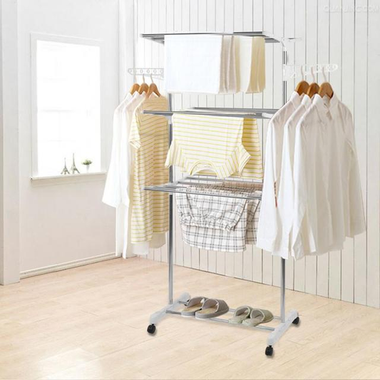 Household Laundry Drying Rack Three-Layer Foldable Clothes Drying Rack Stainless Steel Adjustable Clothing Storage Racks HWC