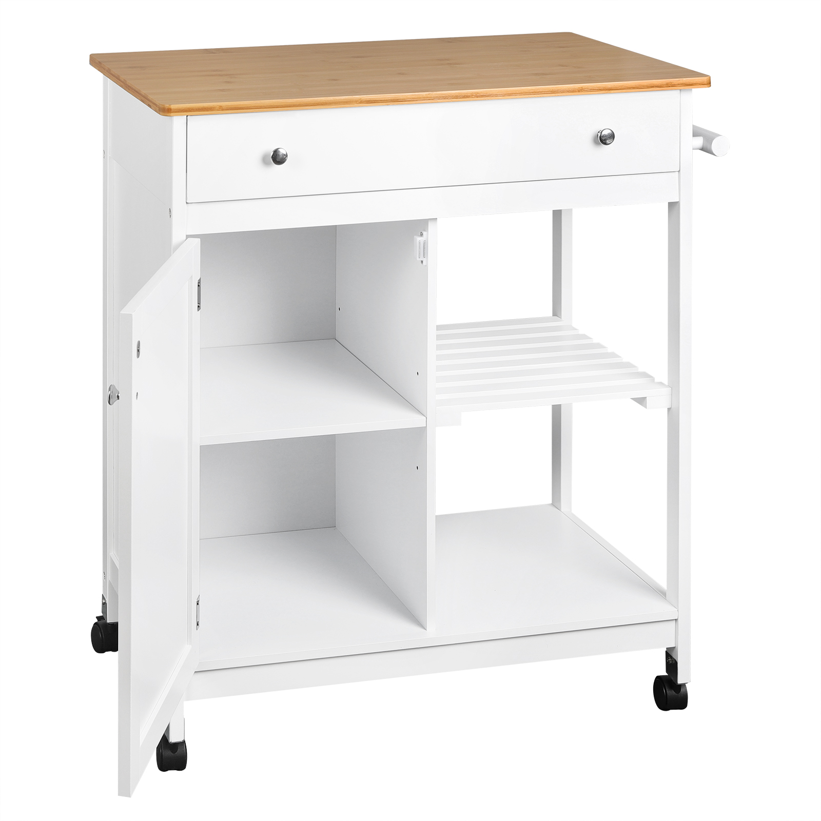 Kitchen Cart Shelf Multifunction Storage Trolley White Bamboo Roller Trolley with Worktop Drawer Home Furniture