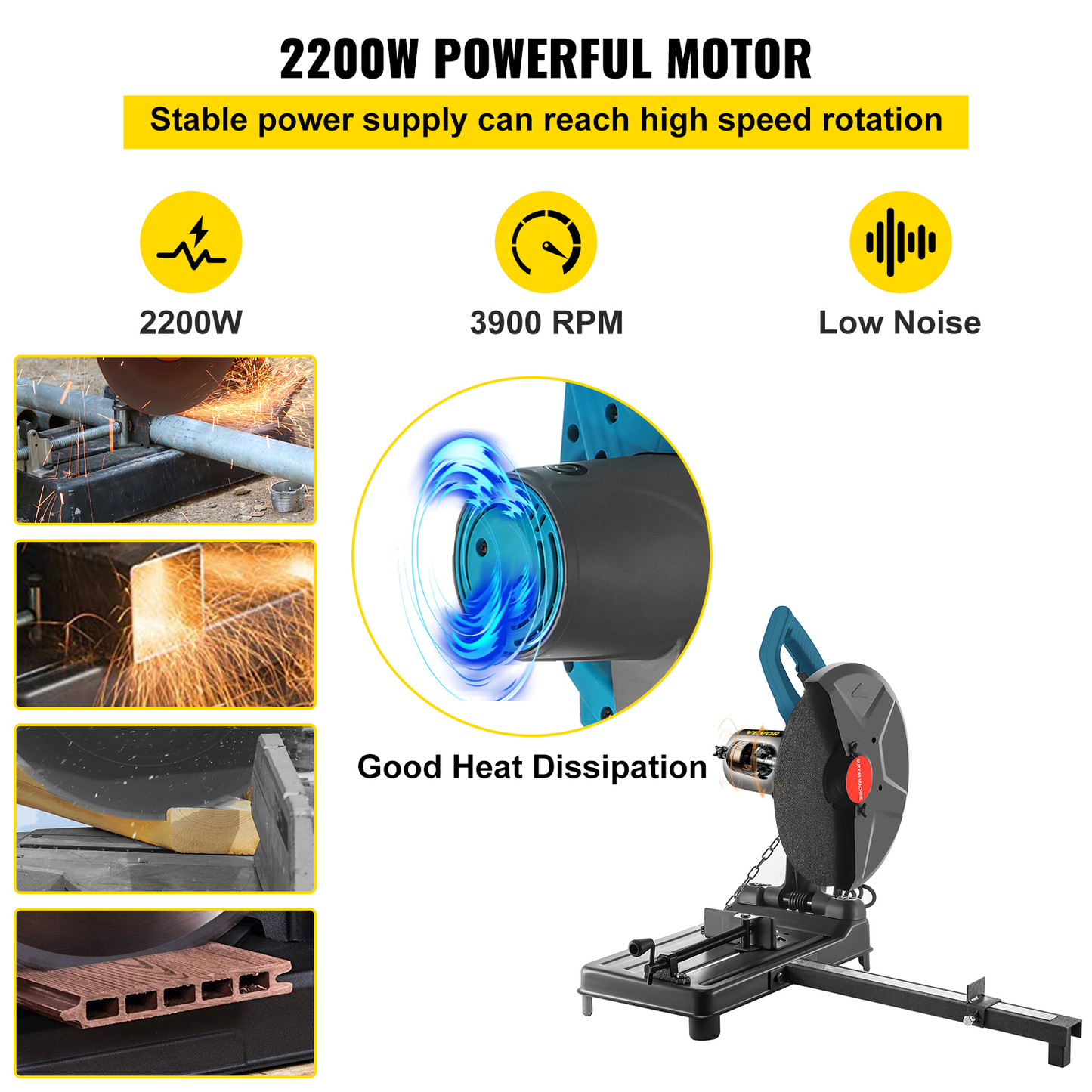 355Mm Metal Chop Saw Base W/ 14In Blade Spark Shield 2200W Electric Adjustable Dry Chainsaw Steel Aluminum Cutting Machine