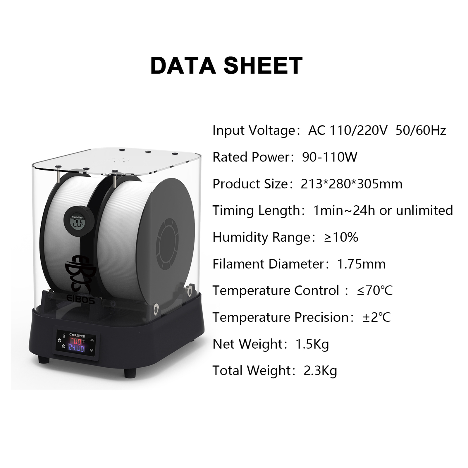 EIBOS Extra Large Dry Box, Filament Dryer,1.75Mm, 2.85Mm, 3.00Mm 3D Filament Compatible: DRY FAST, EXTRA LARGE, Dry Sift Screen