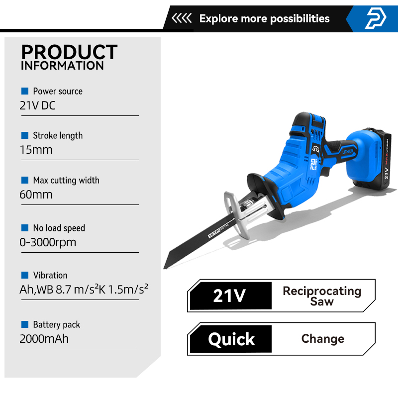 Cordless Reciprocating Saw 21V Adjustable Speed Chainsaw Wood Metal PVC Pipe Cutting Reciprocating Saw Power Tool by