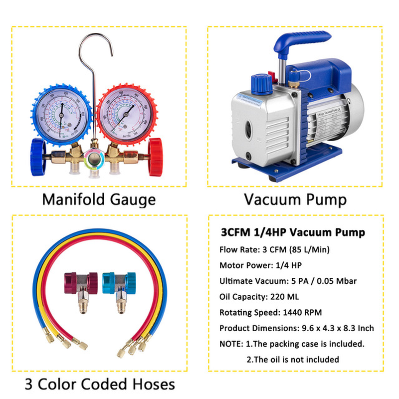 Refrigerant Vacuum Pump Kits 1.8-4.8CFM HVAC Refrigeration 1/3 1/4 HP with Manifold Gauge for Household Air Conditioning