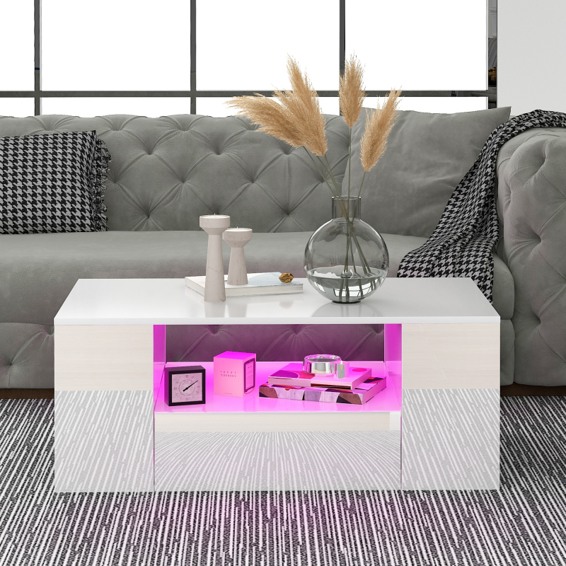 Modern Coffee Table High Gloss Living Room Furniture 2 Drawers and 2 Shelves Sofa Coffee Table Side Table（95 X 53 X 37Cm）