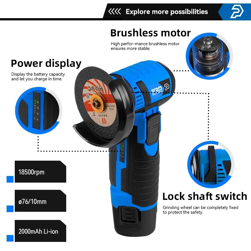 12V Brushless Angle Grinder Mini Cordless Polishing Machine 18500RPM 2000Mah Electric Cutting Grinding Power Tools by