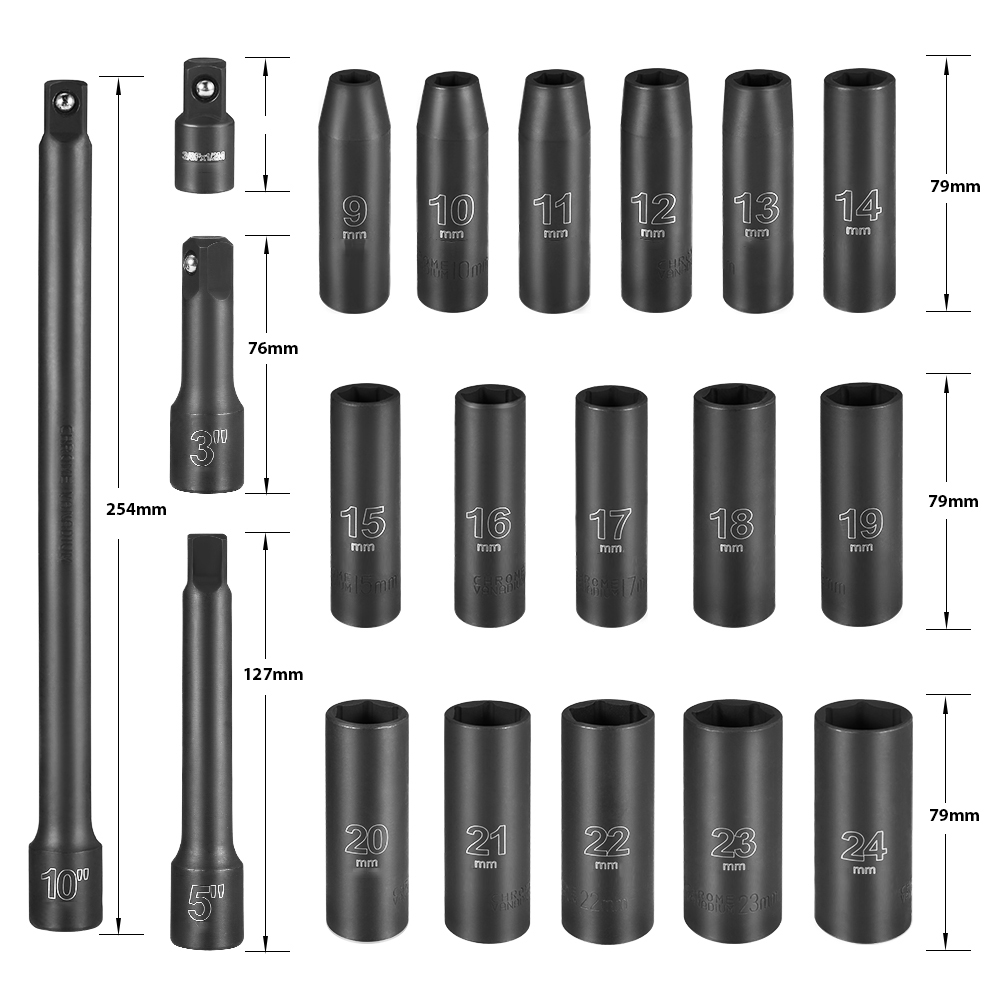 20Pcs 1/2" Drive Metric Impact Socket Set Universal Socket Metric Drive Deep Socket Wrench for Air Pneumatic Repair Tools