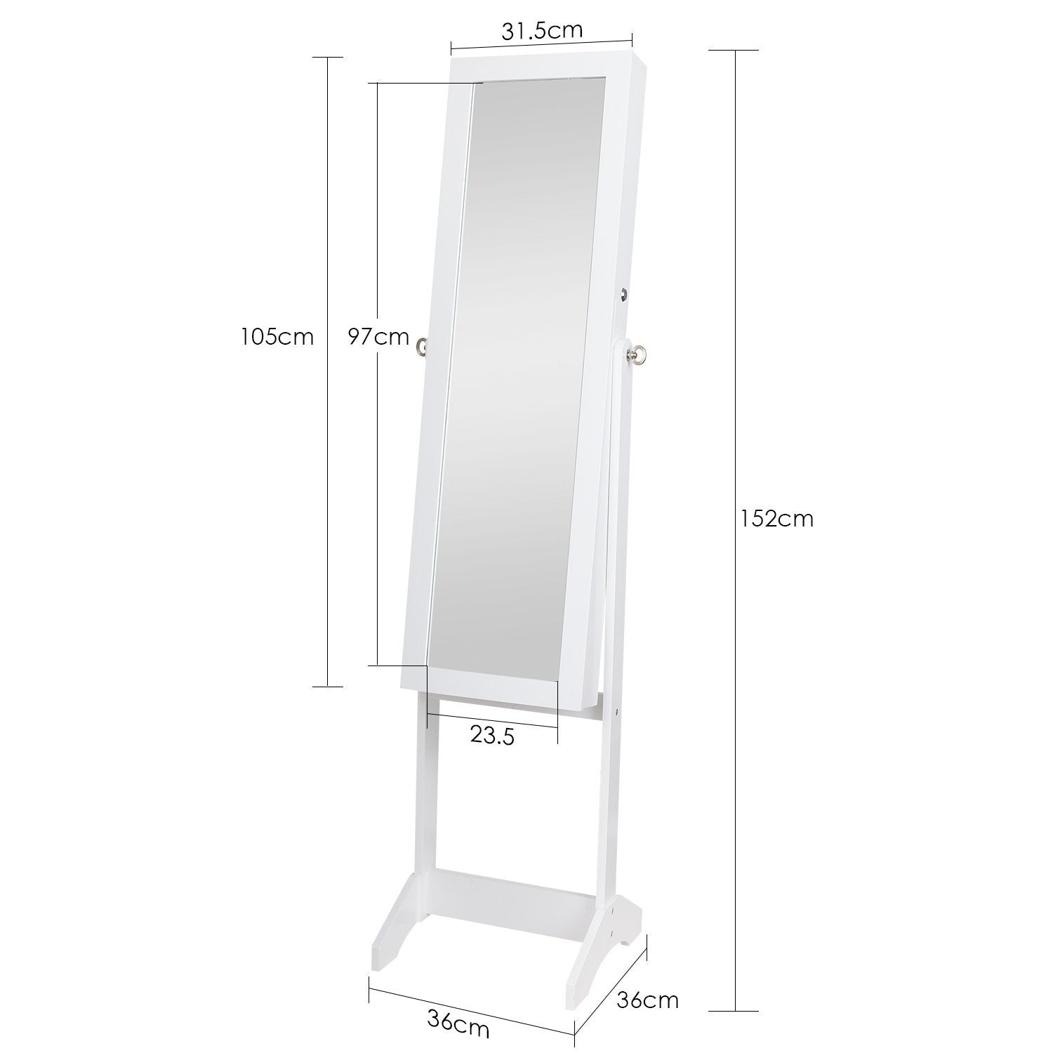 Free Floor Standing Full Mirror Jewellery Storage Cabinet Organiser White